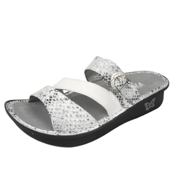 Alegria COLETTE White Metallic Silver Reptile Strappy Support Slide Sandals - Picture 1 of 16